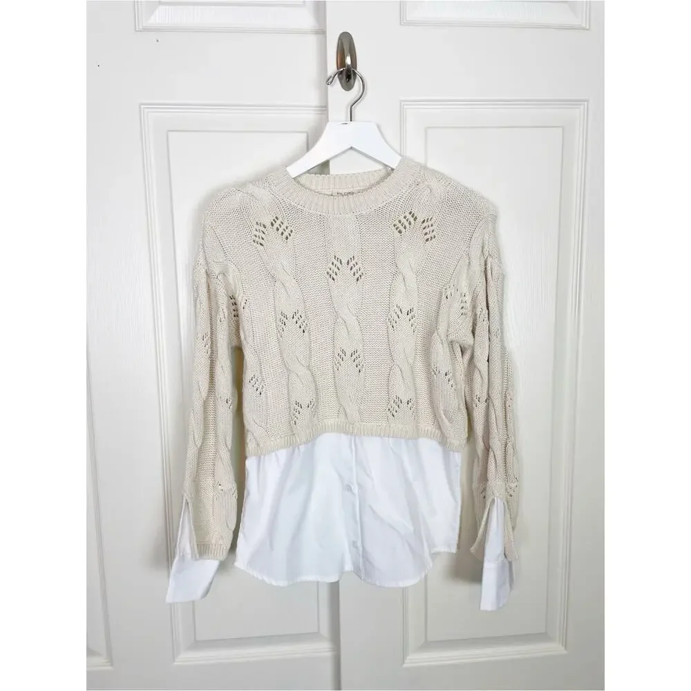 Anthropologie Pilcro Cable Knit Layered Two-Fer Sweater White Blouse Sz XXS